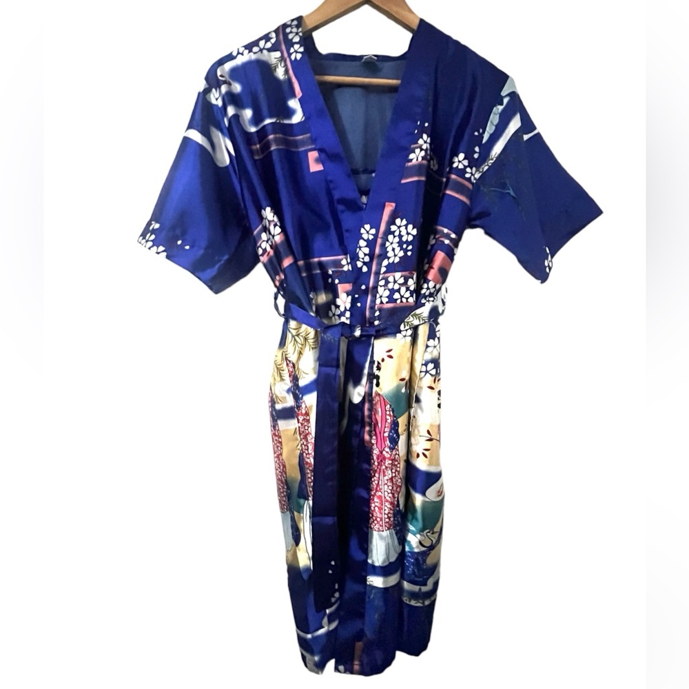 Silk Blend Blue Floral Print Chemise With Matching Robe